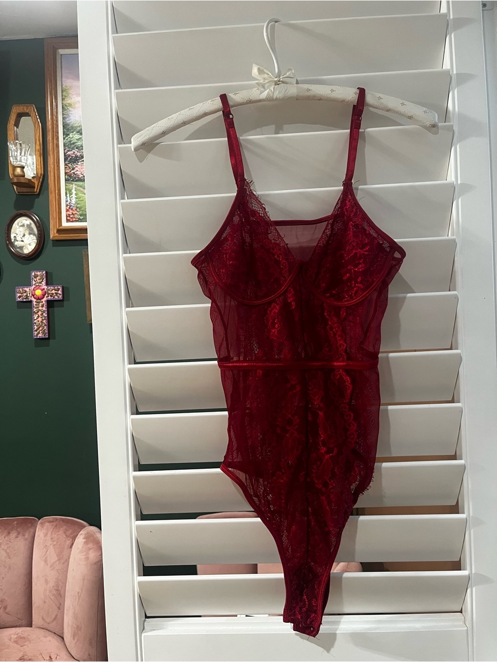 Sheer Lace Bodysuit Teddy - Deep Red
